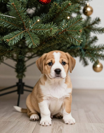 Cute beagle puppy sitting near christmas tree at home.の写真素材