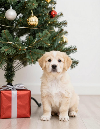 Golden Retriever puppy sitting near a Christmas tree with a giftの写真素材