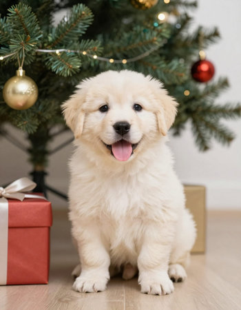 Cute Golden Retriever puppy near christmas tree at homeの写真素材
