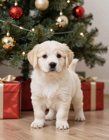 Golden Retriever puppy near the Christmas tree with gifts in the backgroundの写真素材