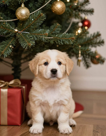 Cute Golden Retriever puppy sitting under the christmas treeの写真素材
