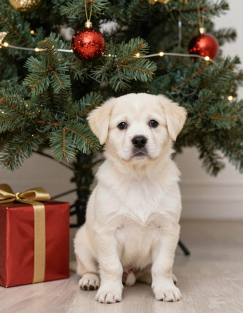 puppy sitting under the christmas tree with a gift boxの写真素材