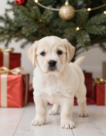 Labrador puppy sitting under christmas tree with gift boxes on backgroundの写真素材