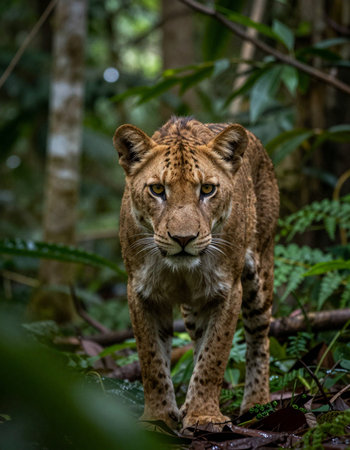 Portrait of a lioness in the rainforestの写真素材
