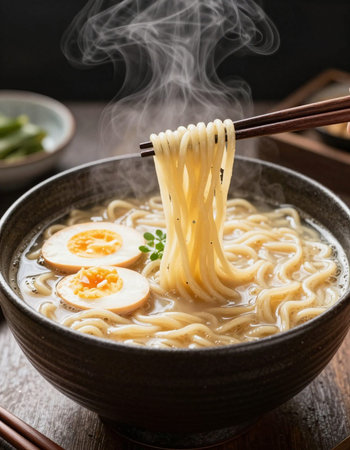 Japanese ramen noodle soup with egg in a bowl on wooden tableの写真素材