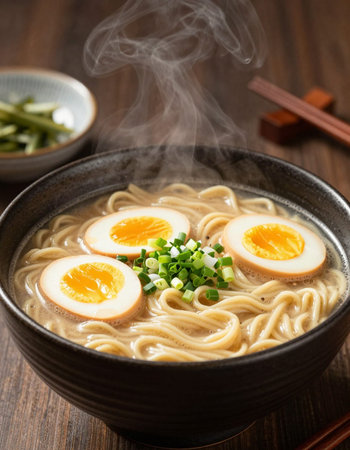 Japanese udon noodle soup with egg and green onionの写真素材