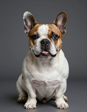 Portrait of a French Bulldog sitting on grey background. Studio shot.の写真素材