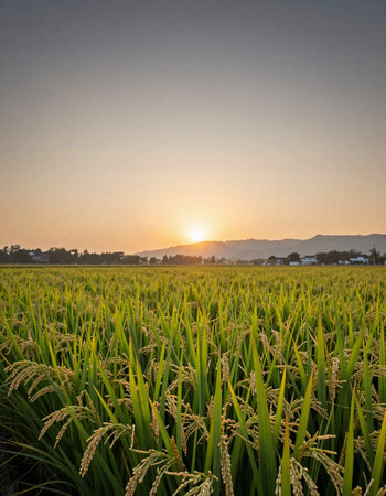 Rice field at sunset in the countryside of Chiang Mai, Thailand.の写真素材