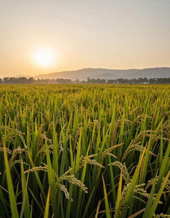 Rice field in the countryside of Thailand at sunset. The rice fields are ready for harvest.の写真素材