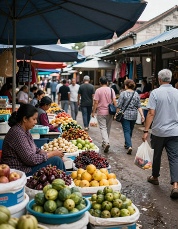 Unidentified Thai people buying fruits and vegetables at street food market.の写真素材