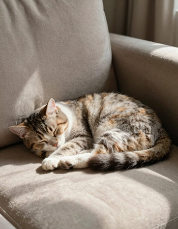 Cute cat sleeping on sofa at home. Animal care concept.の写真素材