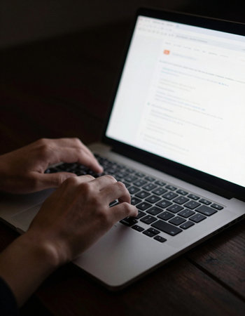 Close-up of male hands typing on laptop keyboard on wooden tableの写真素材