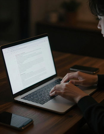 Businesswoman working on laptop computer in dark office. Closeup of hands.の写真素材