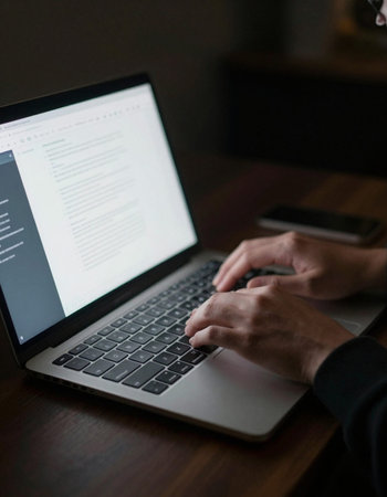 Close-up of a man's hands typing on a laptop keyboard
