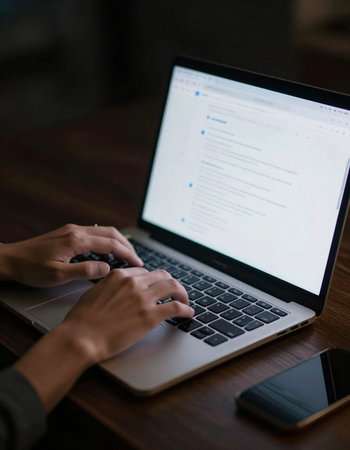 Close-up of woman hands typing on laptop keyboard in dark roomの写真素材