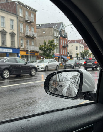 Rainy day in the city. View from the car window.の写真素材