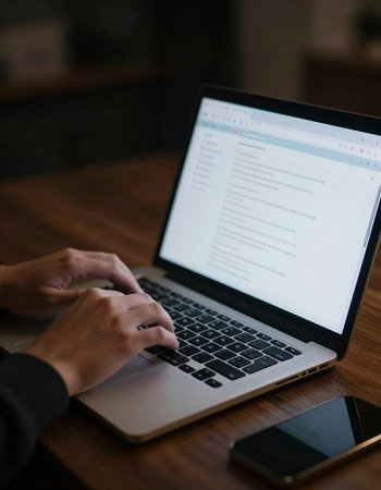 Man working on laptop at home office. Closeup of male hands typing on laptop keyboard.の写真素材