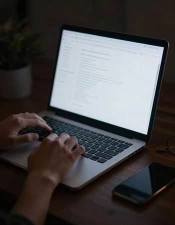 male hands typing on laptop keyboard with blank screen on the table.
