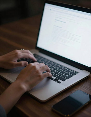 Close-up of female hands typing on laptop keyboard in coffee shop