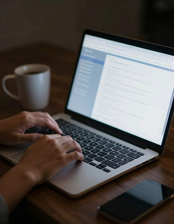 Close-up of a woman typing on laptop keyboard while having coffee