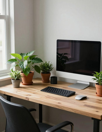 Workplace with computer, keyboard and plants on wooden table in modern officeの写真素材