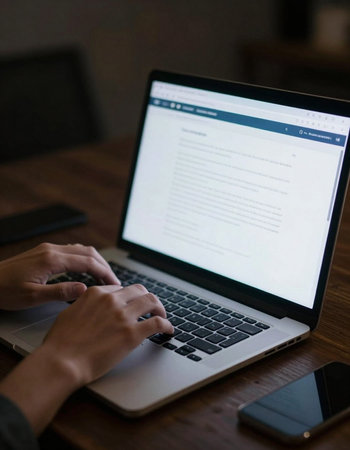 Close-up of a man's hands typing on a laptop keyboard