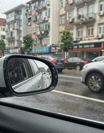 View from the car's side mirror on the road in the rainの写真素材