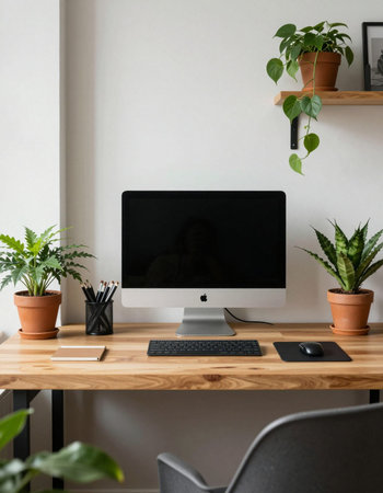 Modern workspace with computer and plants on wooden desk.