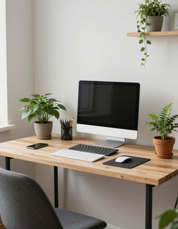 Workplace with computer, keyboard, mouse and plant on wooden table