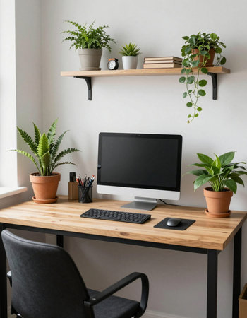 Workplace with computer and plants on wooden table in modern office roomの写真素材