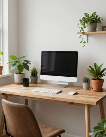 Workplace with computer, coffee cup and houseplants on wooden table