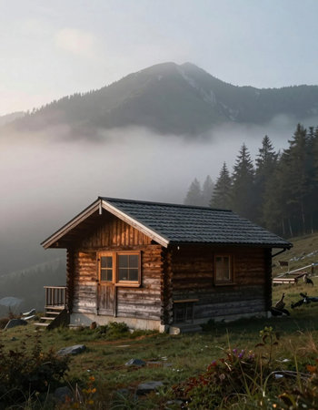 Wooden house in the mountains at sunrise, Carpathians, Ukraineの写真素材