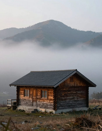 Wooden house in the mountains in the morning fog.