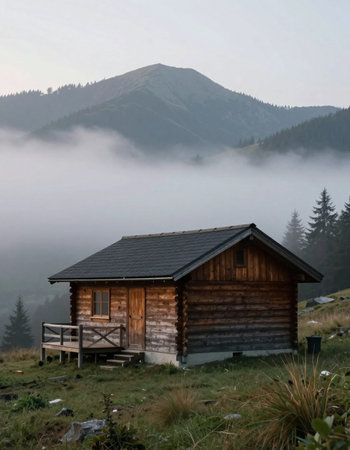 Wooden house in the mountains in a foggy morning. Carpathians, Ukraineの写真素材