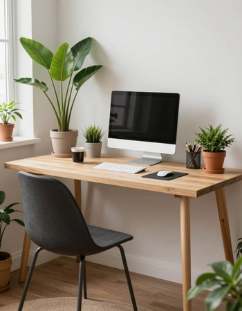 Workplace with computer, smartphone and plants on table in modern office