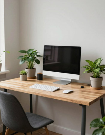 Comfortable workplace with computer, keyboard, mouse and plants on wooden tableの写真素材