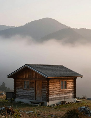 Wooden house in the foggy mountains. Ukraine, Carpathiansの写真素材