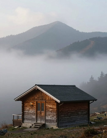 Wooden cabin in the mountains. Foggy morning in the mountains.の写真素材