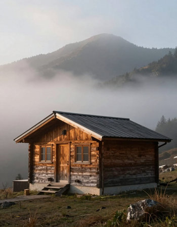 Wooden cabin in the mountains in the morning fog.の写真素材