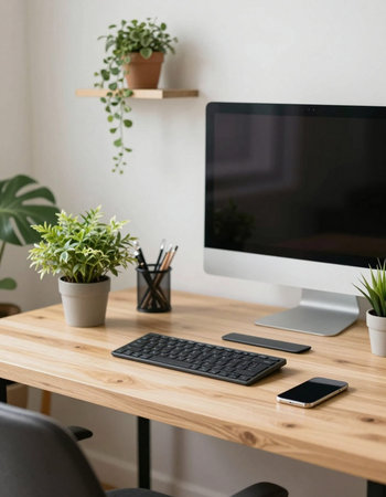 Wooden desk with computer, smartphone, stationery and plants in officeの写真素材
