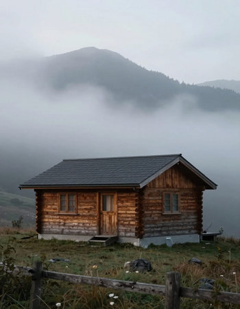 Small wooden house on a foggy day in the Carpathian mountainsの写真素材