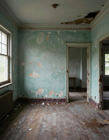 interior of an old abandoned house, destroyed by time and weatherの写真素材