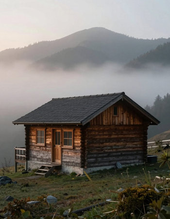 Wooden house in the mountains at sunrise, Carpathians, Ukraine
