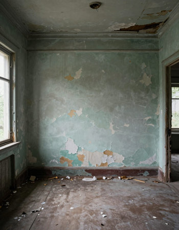 interior of an old abandoned factory building, destroyed by time and weatherの写真素材