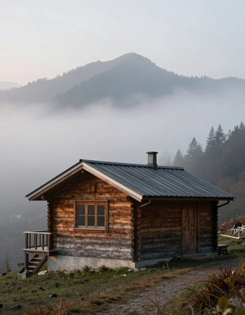Cottage in the mountains in the morning fog. Ukraine, Carpathiansの写真素材