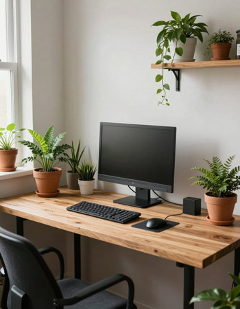 Office workplace with computer, keyboard, mouse and plants on wooden tableの写真素材