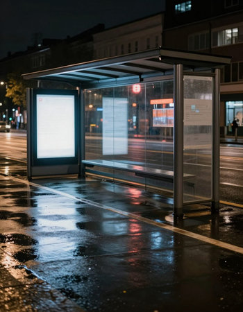 Bus stop in the city at night. Urban scene with bus stop