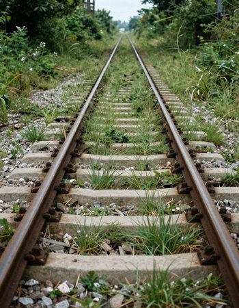 Railway tracks in the forest with grass and flowers growing on themの写真素材