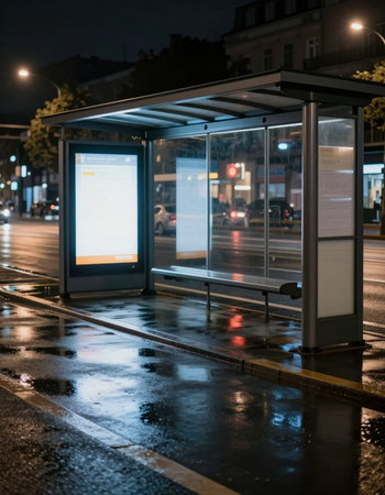 Bus stop in the rain at night. Empty bus stop at night.の写真素材