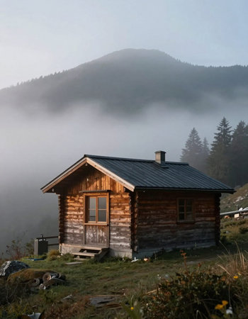 Wooden house in the mountains in the morning fog. Ukraine, Carpathians